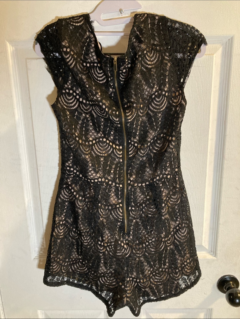 Dynamite Black Lace Asymmetrical Romper with Gold Zip